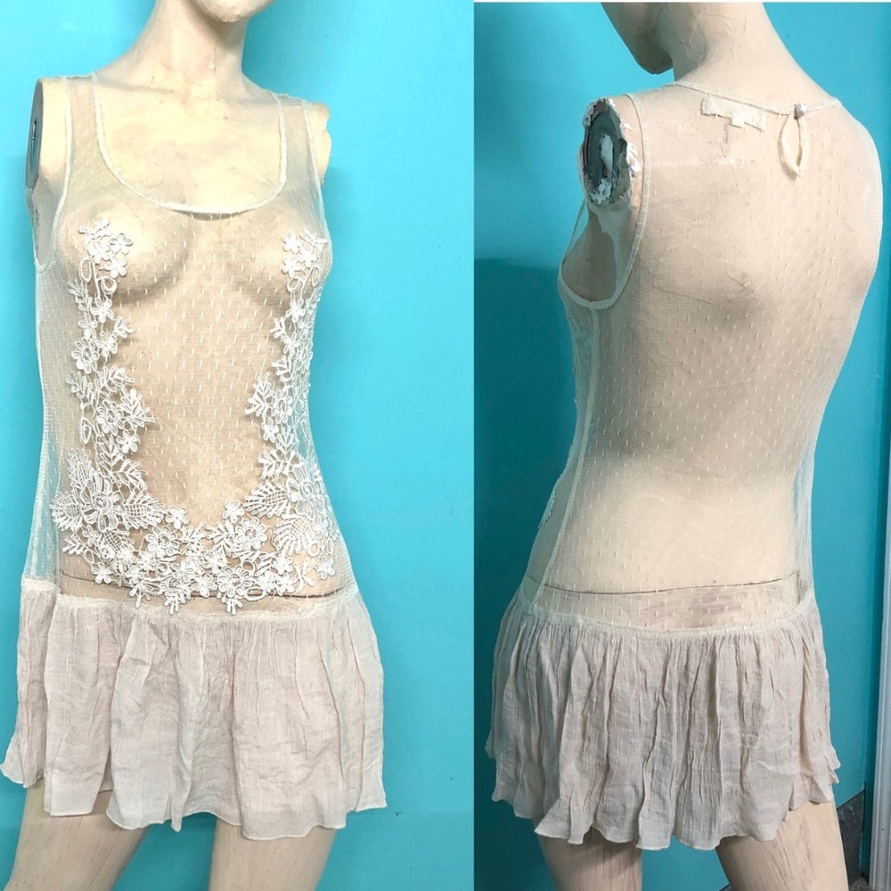 3/$32 Ecru Appliqued Mesh/Lace Crinkle Cotton Skirted Tank Tunic Top Dress~S